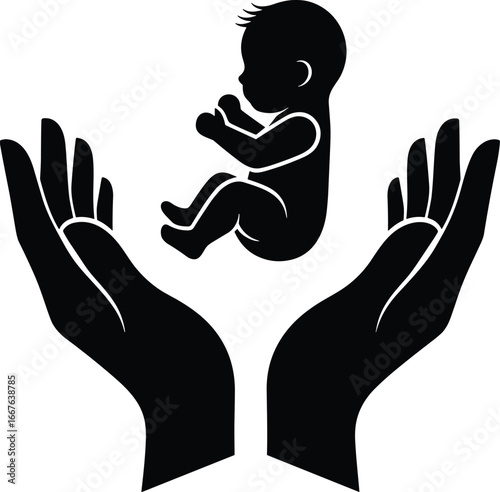 Baby silhouette, protective hands, fetal position, care, safety, nurturing, parenthood, support, love, life, newborn, black and white, symbol, protection, cupped hands, infant