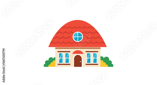 Charming cartoon cottage with a red tiled roof and green bushes outdoors on a white background