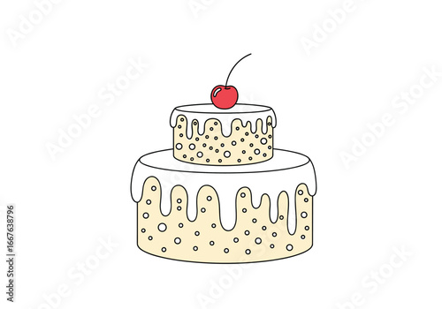 Delicious two tiered dessert with drizzled icing and red cherry on top