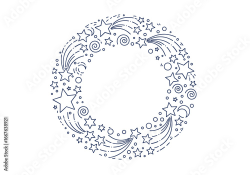 A decorative circular wreath adorned with twinkling stars shooting stars swirls and dots offering a whimsical celestial arrangement