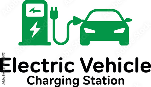 Green electric car charging at modern charging station symbol