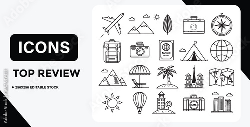 Collection of Black and White Travel Icons for Design and Creative Projects