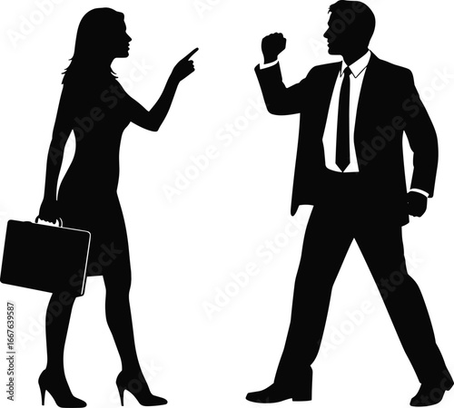 Businesswoman and businessman confrontation silhouette, pointing gesture, clenched fist, intense workplace conflict, professional tension, briefcase interaction, black vector illustration