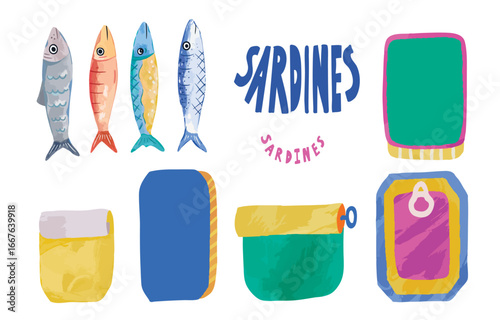 Watercolor open canned sardines collection set in retro cartoon vector illustration style for summer party fashion design