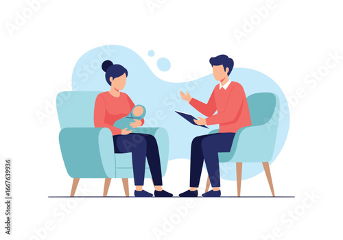 New mother seeking guidance from professional during postpartum recovery period