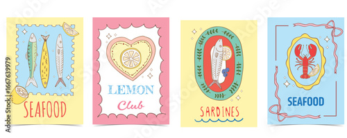 Vintage pastel sardine, lemon and seafood menu poster set in retro cartoon vector illustration style for summer party card invitation