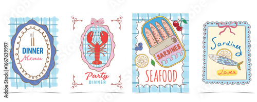 Vintage pastel open canned sardine and lobster on plate menu poster set on blue gingham background in retro cartoon vector illustration style for summer party card invitation