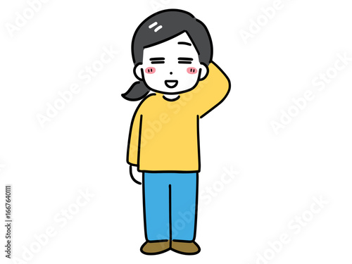 笑顔で少し照れている私服の若い女性(全身・正面)