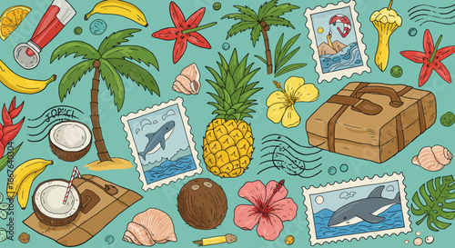 Tropical vacation seamless pattern with beach elements and summery icons