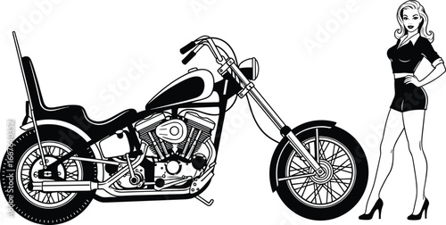 Chopper motorcycle illustration, classic bike design, stylish woman pose, retro vehicle art, cultural icon, black and white silhouette, promotional concep