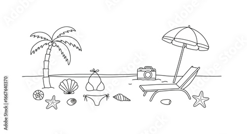 Minimalist beach elements: palm tree, umbrella, shells, and starfish line art