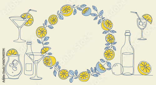 Elegant minimalistic citrus wreath with cocktail glasses in delicate line art style