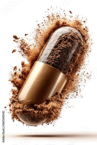 Brown capsule filled with powder, exploding