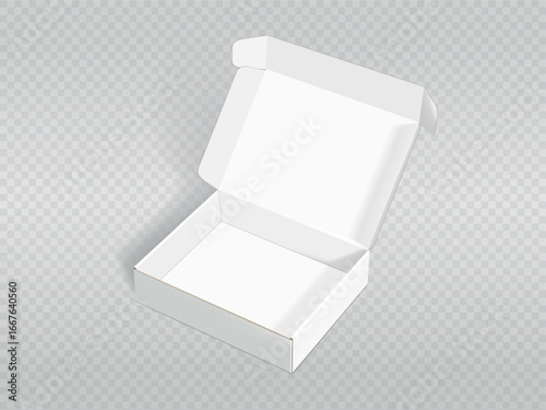 Inside view of an open box mockup. White cardboard box open. Product delivery box. Advertising of an item in a box. Paper packaging. Gift packaging isolated