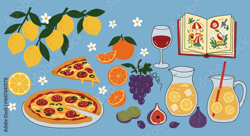 Fruit-themed flat design with pizza, wine, and open recipe book on blue background