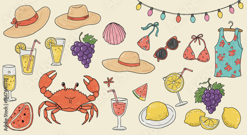 Summer beach vibes: hand-drawn elements of summer fruits, drinks, and accessories