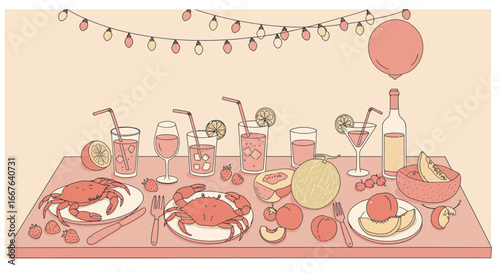 Summer seafood dinner with fruits and drinks under festive string lights
