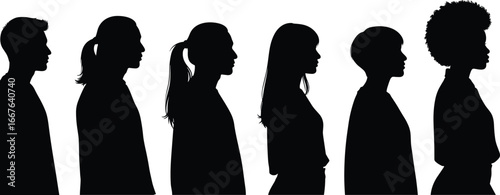 Diverse people silhouette, profile view, black and white art, hairstyle variety, standing row, individuality, minimal design, human diversity