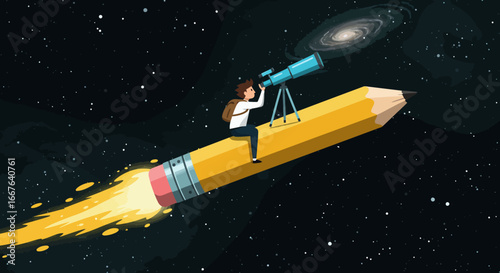 Exploration in space: creative vision through telescope on rocket pencil