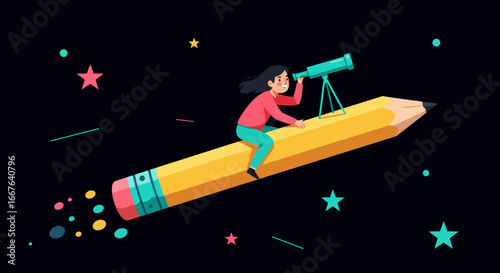 Imagination journey: person on pencil telescope ride in space adventure