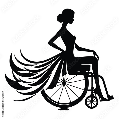 Elegant silhouette of a woman in a wheelchair with a flowing gown symbolizing grace and mobility 