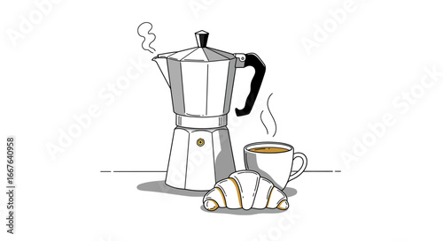 Minimalist coffee setup with moka pot, cup, and croissant in linear style