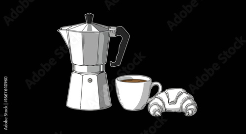 Morning coffee with croissant and espresso maker on black background