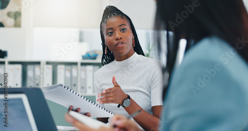фотографія Team, meeting and documents with business woman in office for campaign advisor, project or research