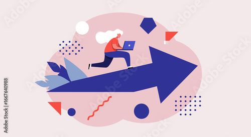Dynamic growth concept with person running upward on large arrow in abstract style