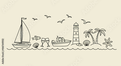 Nautical adventure scene with lighthouse, sailboat, and exotic island elements