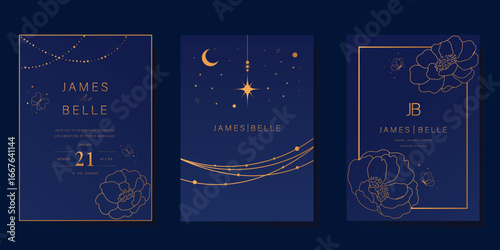 Wedding invitation card design vector set. Elegant wedding card with little star moon and flower line art on navy blue background. Design illustration for cover, poster, gala.