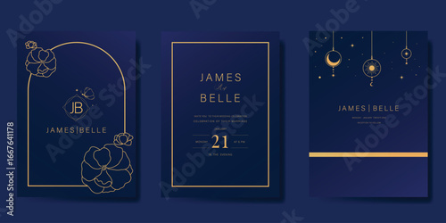 Wedding invitation card design vector set. Elegant wedding card with little star moon and flower line art on navy blue background. Design illustration for cover, poster, gala.