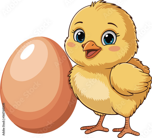 Cute yellow chick with brown egg baby bird