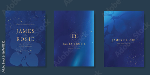 Wedding invitation card design vector set. Elegant wedding card with little star moon and flower on navy blue background. Design illustration for cover, poster, gala.