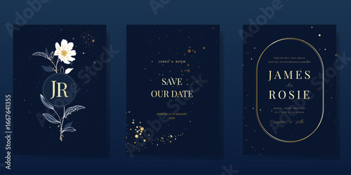 Wedding invitation card design vector set. Elegant wedding card with little star and flower on navy blue background. Design illustration for cover, poster, gala.