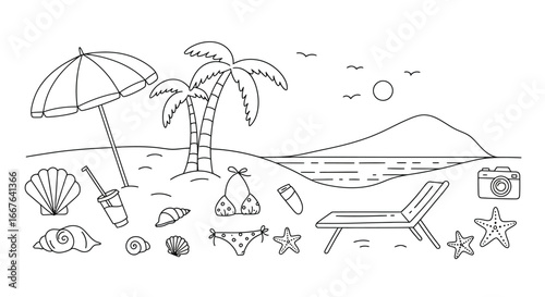 Tropical beach elements outline with palm trees, sun lounger, and seashells