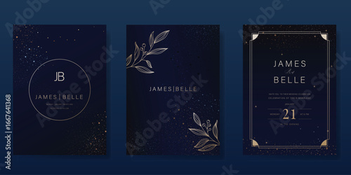 Wedding invitation card design vector set. Elegant wedding card with little star and leaves branch on navy blue background. Design illustration for cover, poster, gala.
