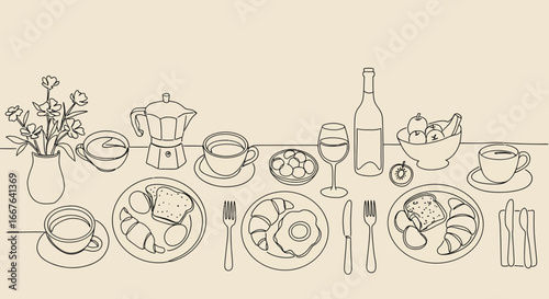 Linear breakfast scene with coffee, croissants, and flowers in minimalist style
