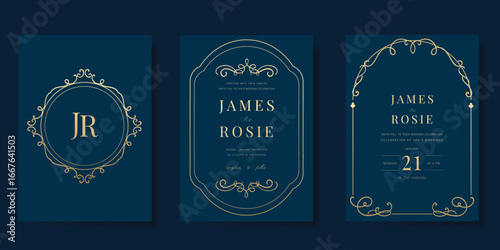 Wedding invitation card design vector set. Elegant wedding card with frame antique art deco on navy blue background. Design illustration for cover, poster, gala.