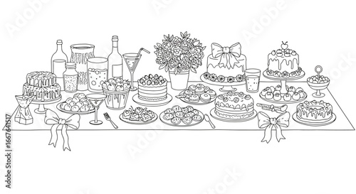 Elegant dessert table with cakes and sweets in linear style for celebrations