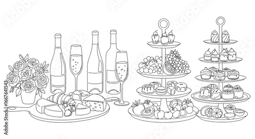 Elegant wine and dessert table with floral arrangements and gourmet cheese platter