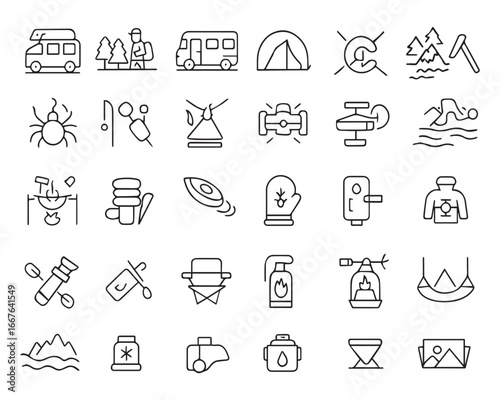 Set of outline icons related to camping. Linear icon collection