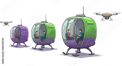 Futuristic pod transport with drones in modern cityscape