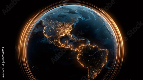 Earth at night with glowing city lights across Americas. Global connectivity concept. Digital planet visualization for technology, internet, or telecommunications industry