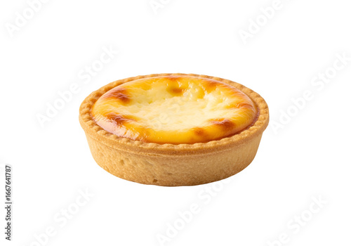 A single, golden-brown cheese tart, with a smooth, melted cheese filling, is presented against a black backdrop.