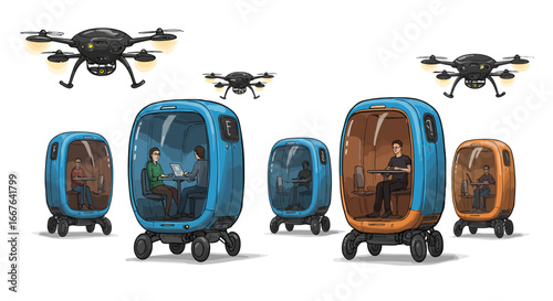 Futuristic personal pods and delivery drones in modern urban transport concept