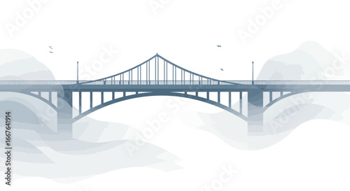 Elegant bridge silhouette with misty waves and birds in minimalist design