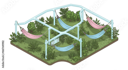 Relaxing hammock park isometric design with lush greenery and hammocks