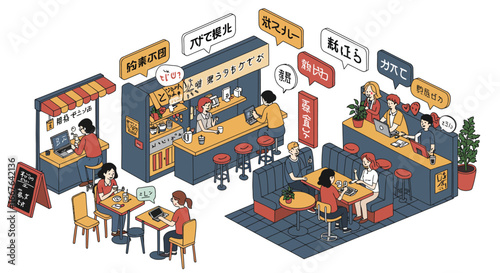 Isometric urban cafe scene with diverse characters and japanese signs