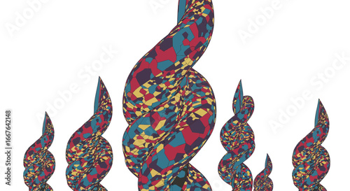 Abstract twisting geometric shapes with mosaic pattern on white background